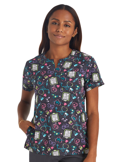 Women's 3-Pocket Round Neck Print Scrub Top - IP723 - Nurse All Day