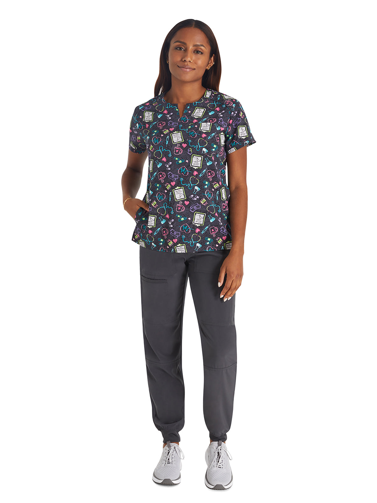 Women's 3-Pocket Round Neck Print Scrub Top - IP723 - Nurse All Day