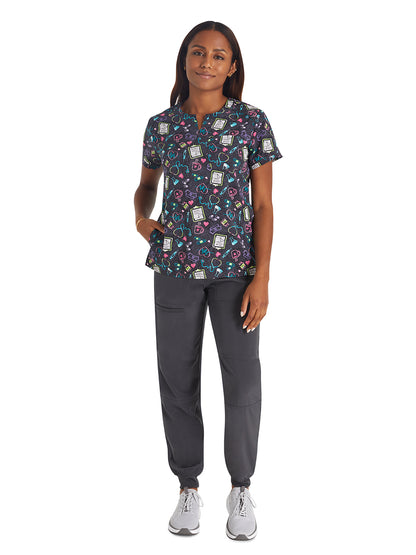 Women's 3-Pocket Round Neck Print Scrub Top - IP723 - Nurse All Day