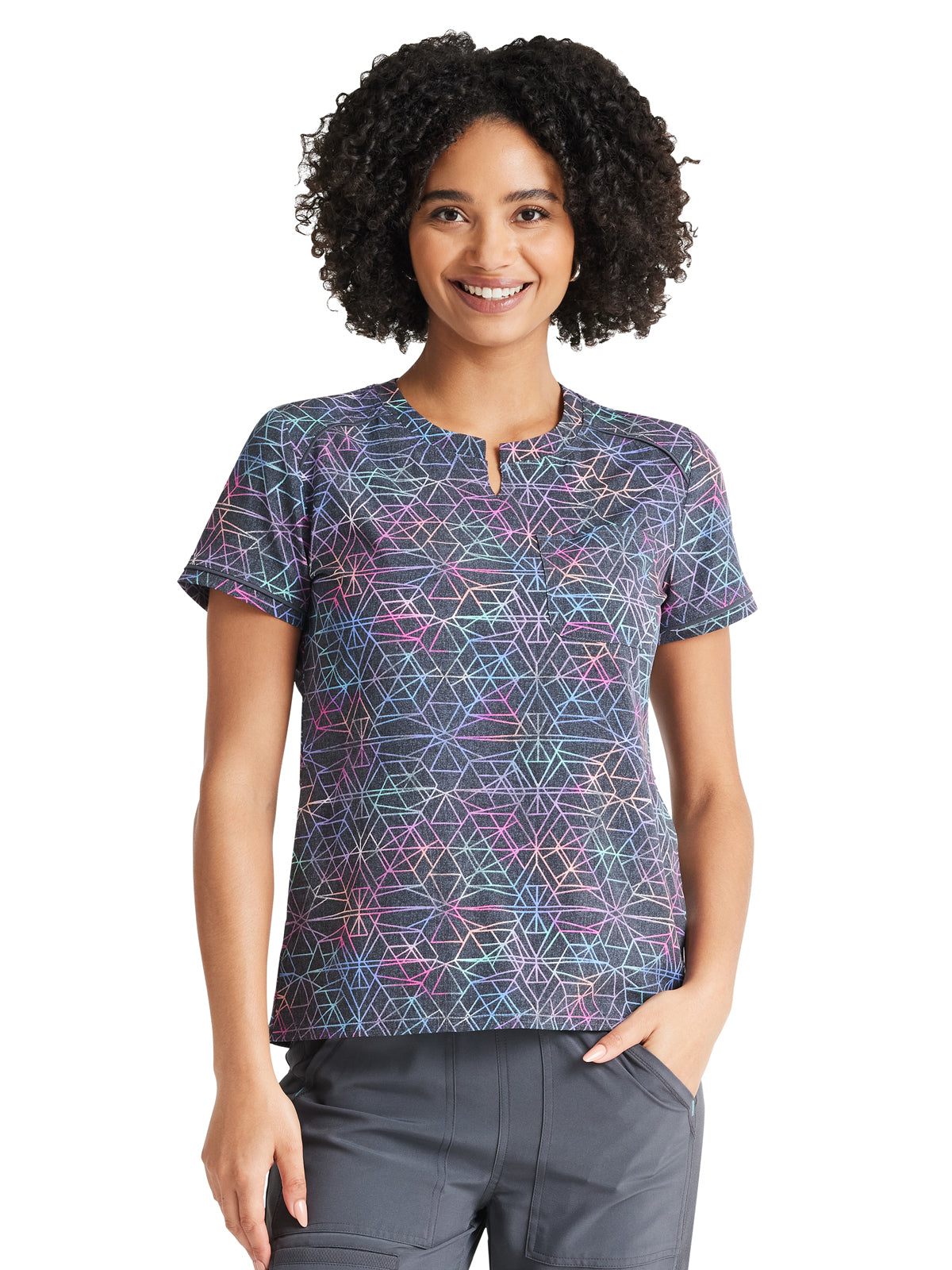 Women's 3-Pocket Round Neck Print Scrub Top - IP723 - Prismatic Geo