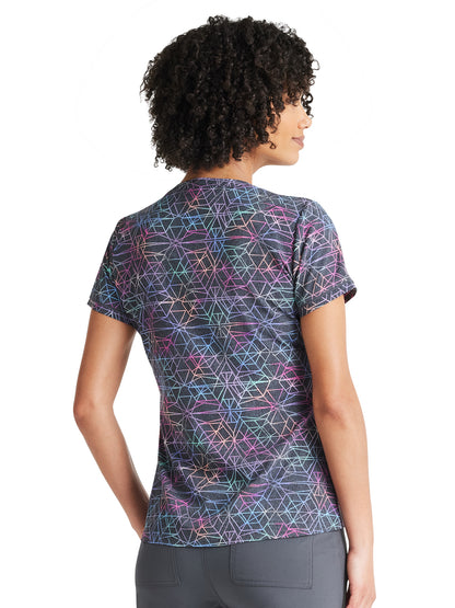 Women's 3-Pocket Round Neck Print Scrub Top - IP723 - Prismatic Geo