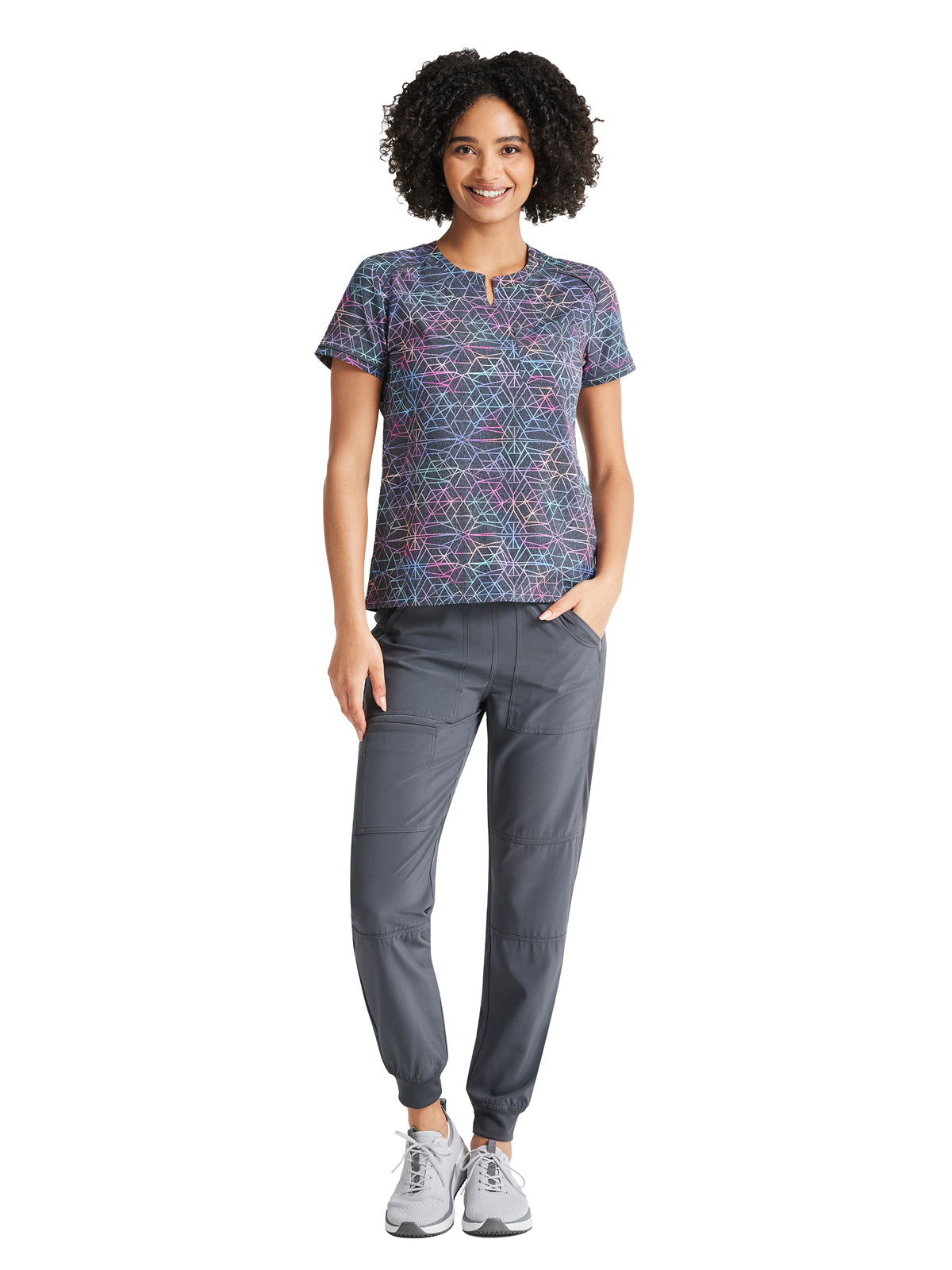 Women's 3-Pocket Round Neck Print Scrub Top - IP723 - Prismatic Geo