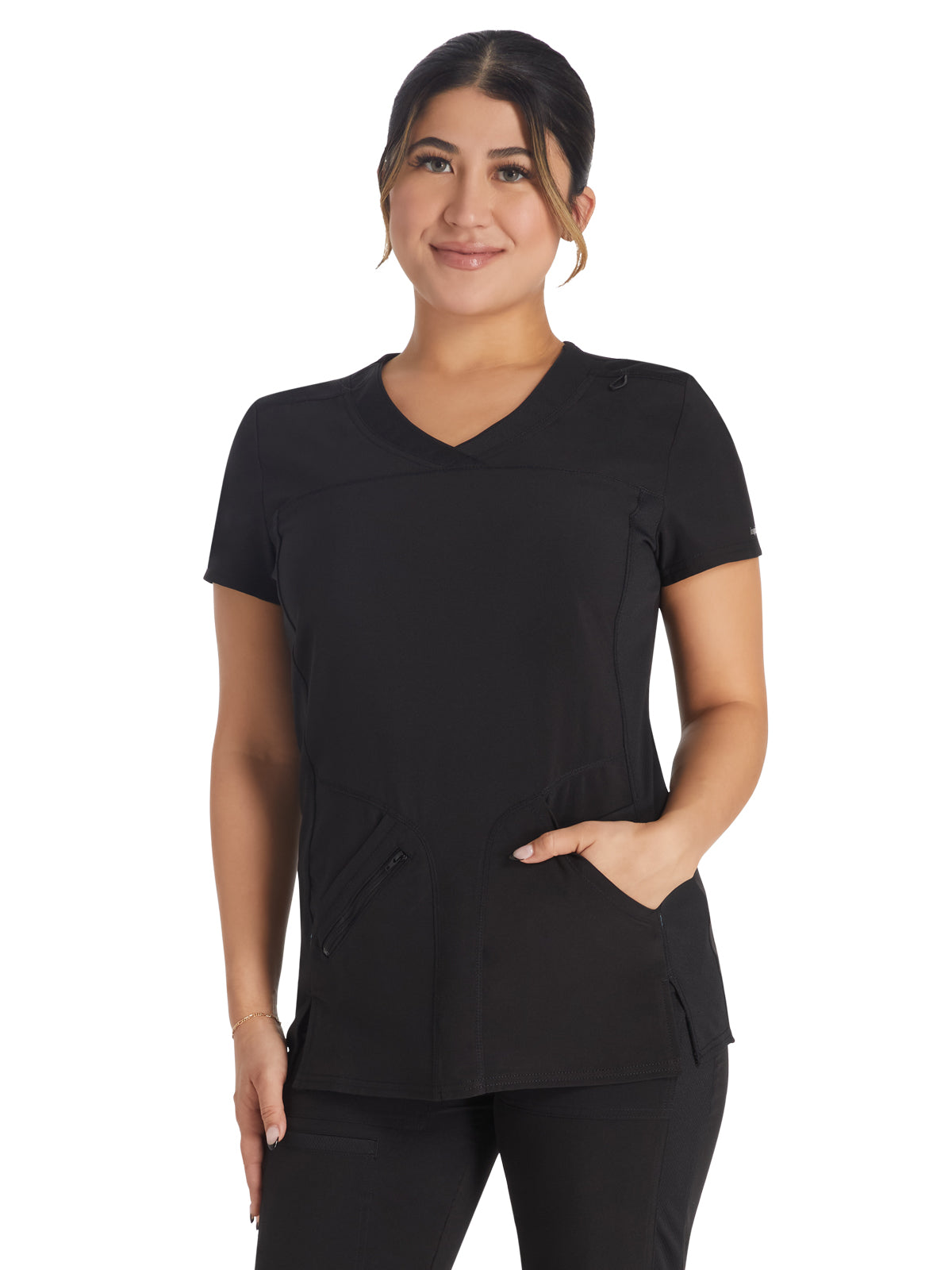 Women's 4-Pocket Cross-Over V-Neck Scrub Top - IP845A - Black