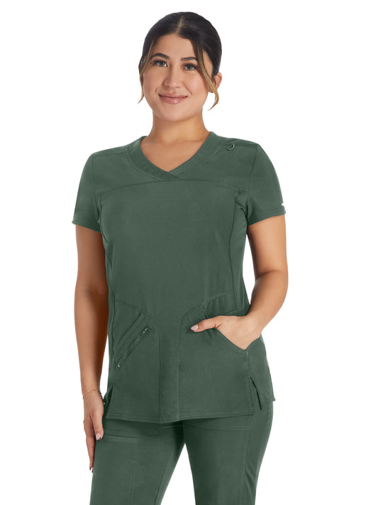 Women's 4-Pocket Cross-Over V-Neck Scrub Top - IP845A - Golden Moss