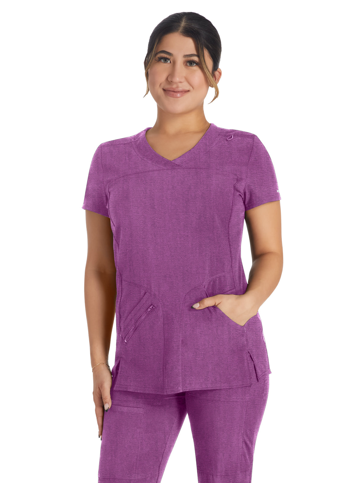 Women's 4-Pocket Cross-Over V-Neck Scrub Top - IP845A - Heather Magenta