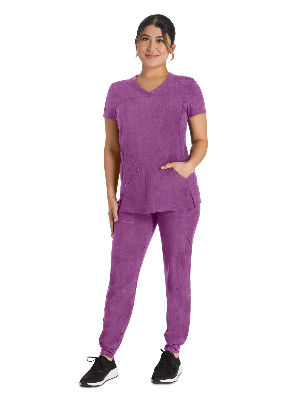 Women's 4-Pocket Cross-Over V-Neck Scrub Top - IP845A - Heather Magenta