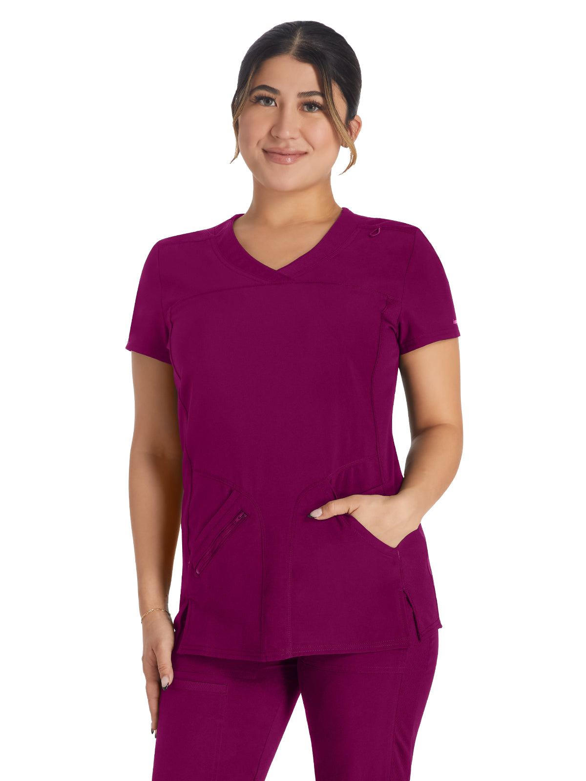 Women's 4-Pocket Cross-Over V-Neck Scrub Top - IP845A - Wine