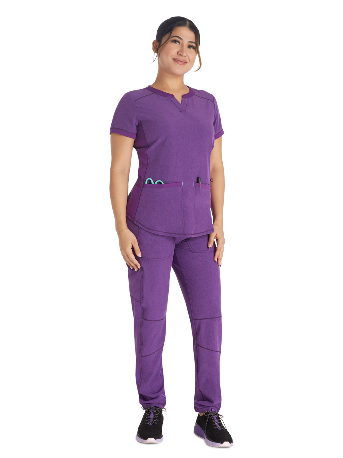 Women's 3-Pocket Henley Scrub Top - IP849A - Heather Magenta