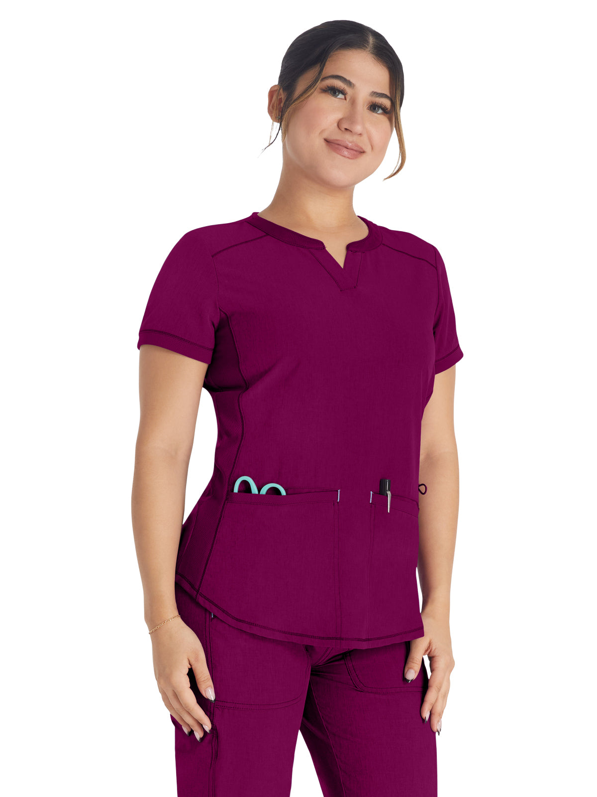 Women's 3-Pocket Henley Scrub Top - IP849A - Wine