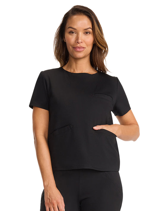 Women's 3-Pocket Ponte Round Neck Scrub Top - ML615 - Black