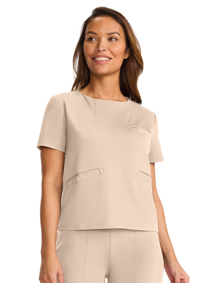 Women's 3-Pocket Ponte Round Neck Scrub Top - ML615 - Toasted Tan