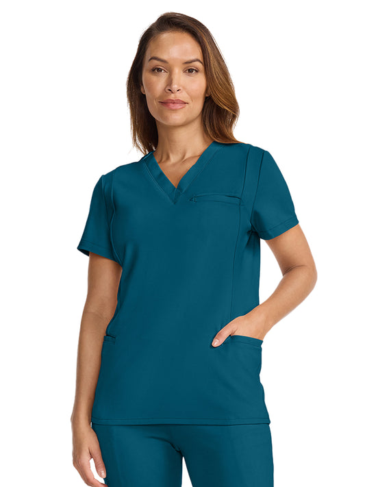 Women's 3-Pocket Ponte V-Neck Scrub Top - ML616 - Caribbean Blue