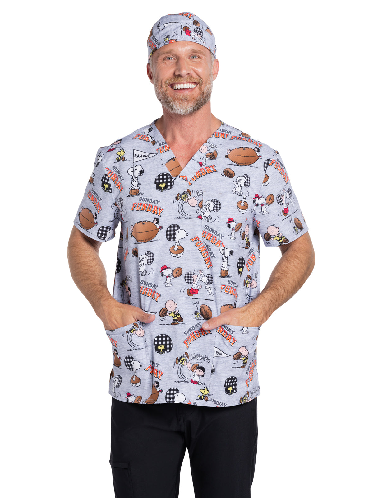 Men's 3-Pocket V-Neck Print Scrub Top - TF740 - Snoopy Funday