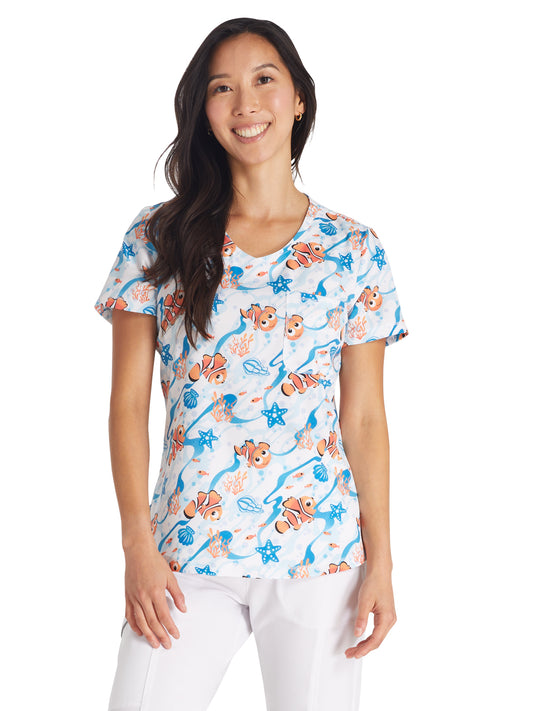 Women's Rounded V-Neck Print Top - TF786 - Current Of Fun