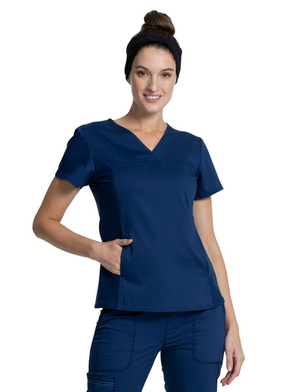 Women's 1-Pocket V-Neck Knit Panel Top - WW2875 - Navy