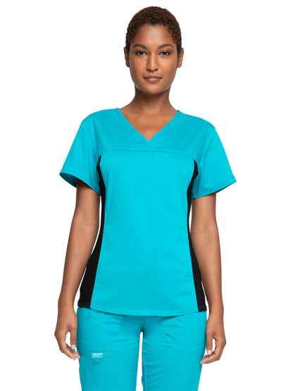 Women's 1-Pocket V-Neck Knit Panel Top - WW2875 - Teal Blue