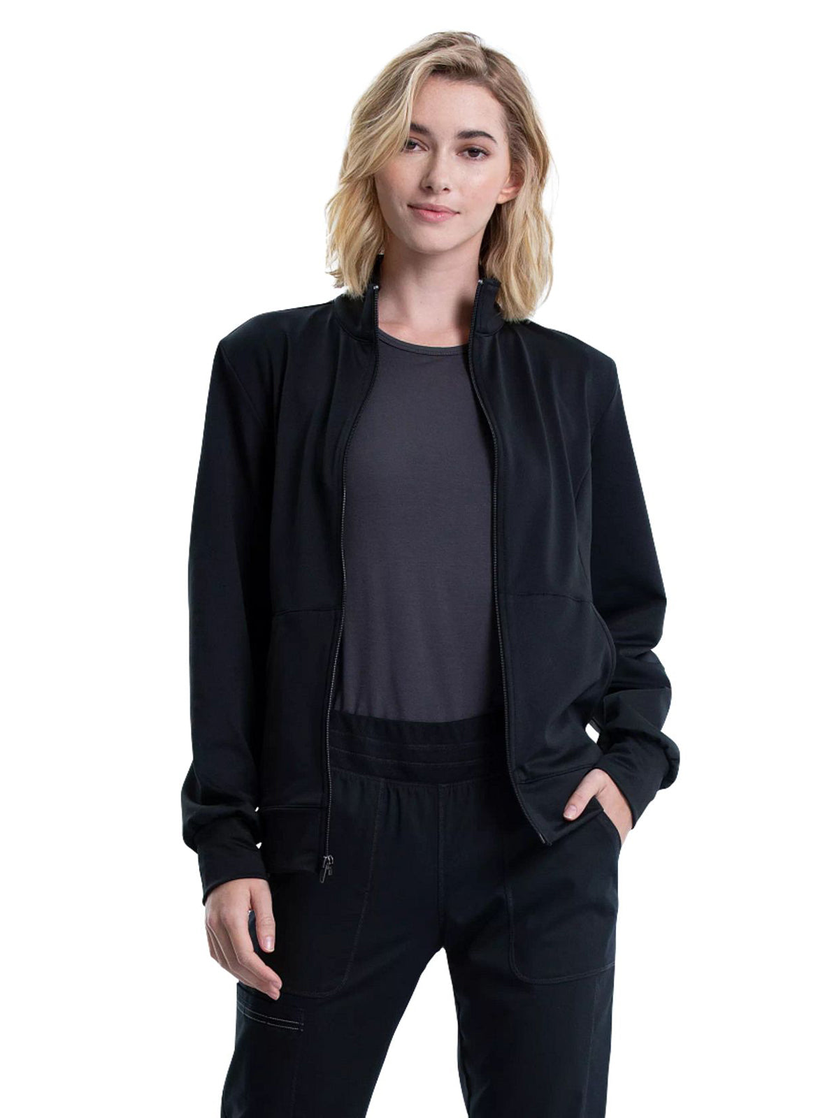 Women's 3-Pocket Zip Front Knit Scrub Jacket - WW371 - Black