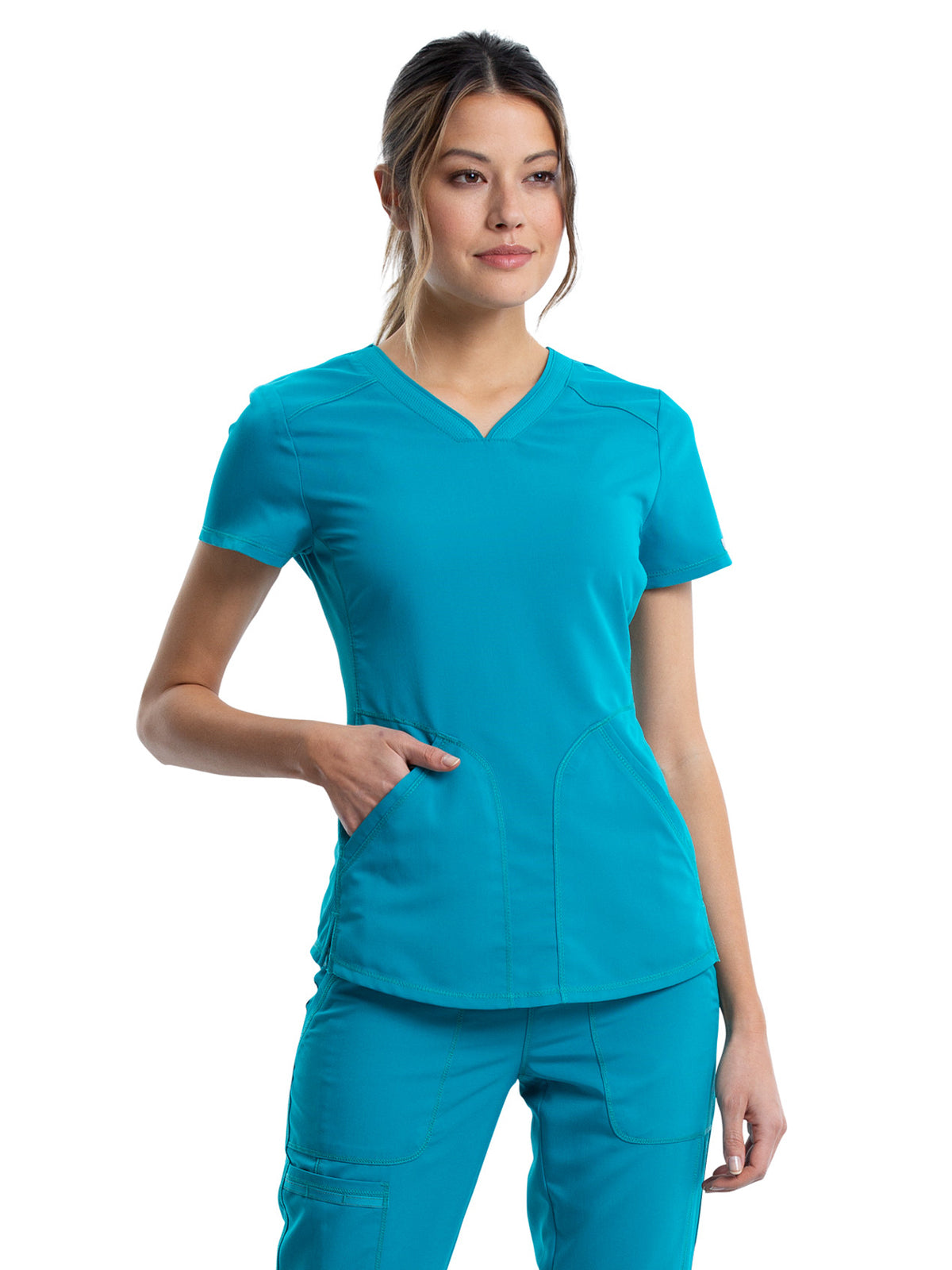 Women's 2-Pocket V-Neck Top - WW601 - Teal Blue