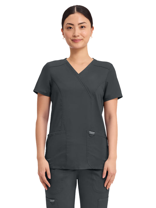 Women's 2-Pocket Mock Wrap Top - WW610 - Black