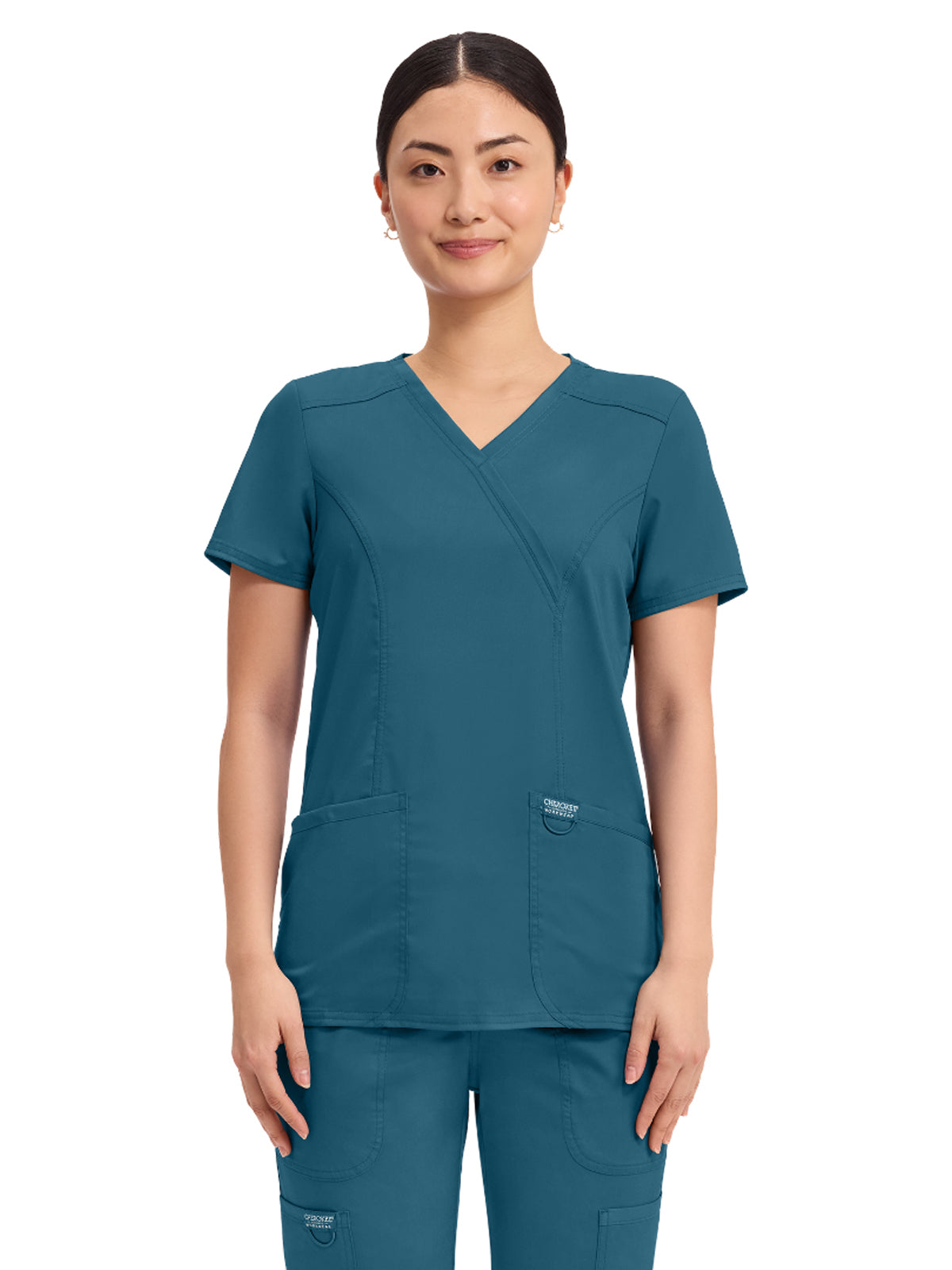 Women's 2-Pocket Mock Wrap Top - WW610 - Caribbean Blue