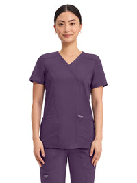 Women's 2-Pocket Mock Wrap Top - WW610 - Eggplant