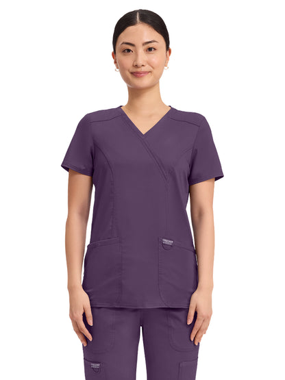 Women's 2-Pocket Mock Wrap Top - WW610 - Eggplant
