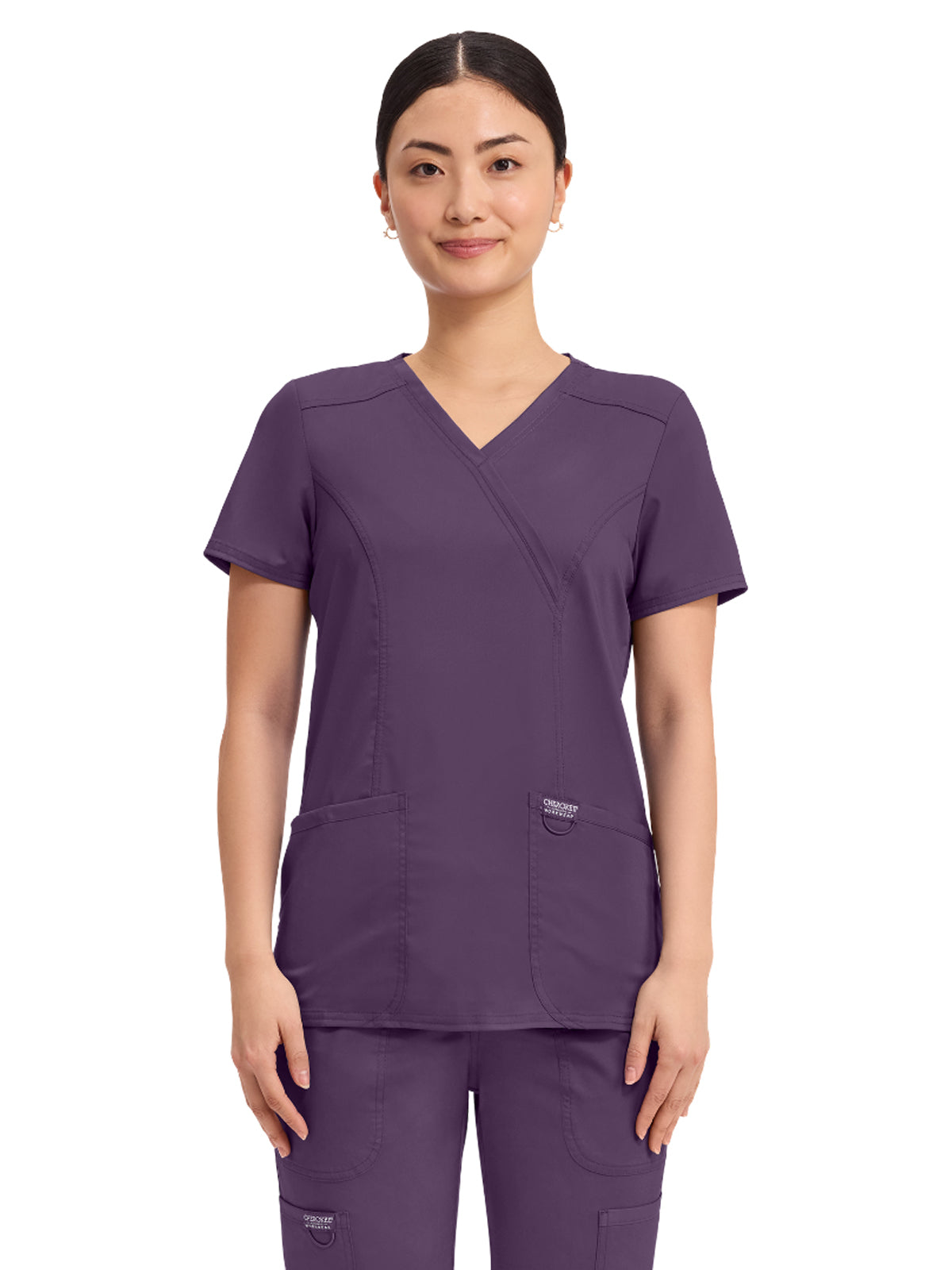 Women's 2-Pocket Mock Wrap Top - WW610 - Eggplant