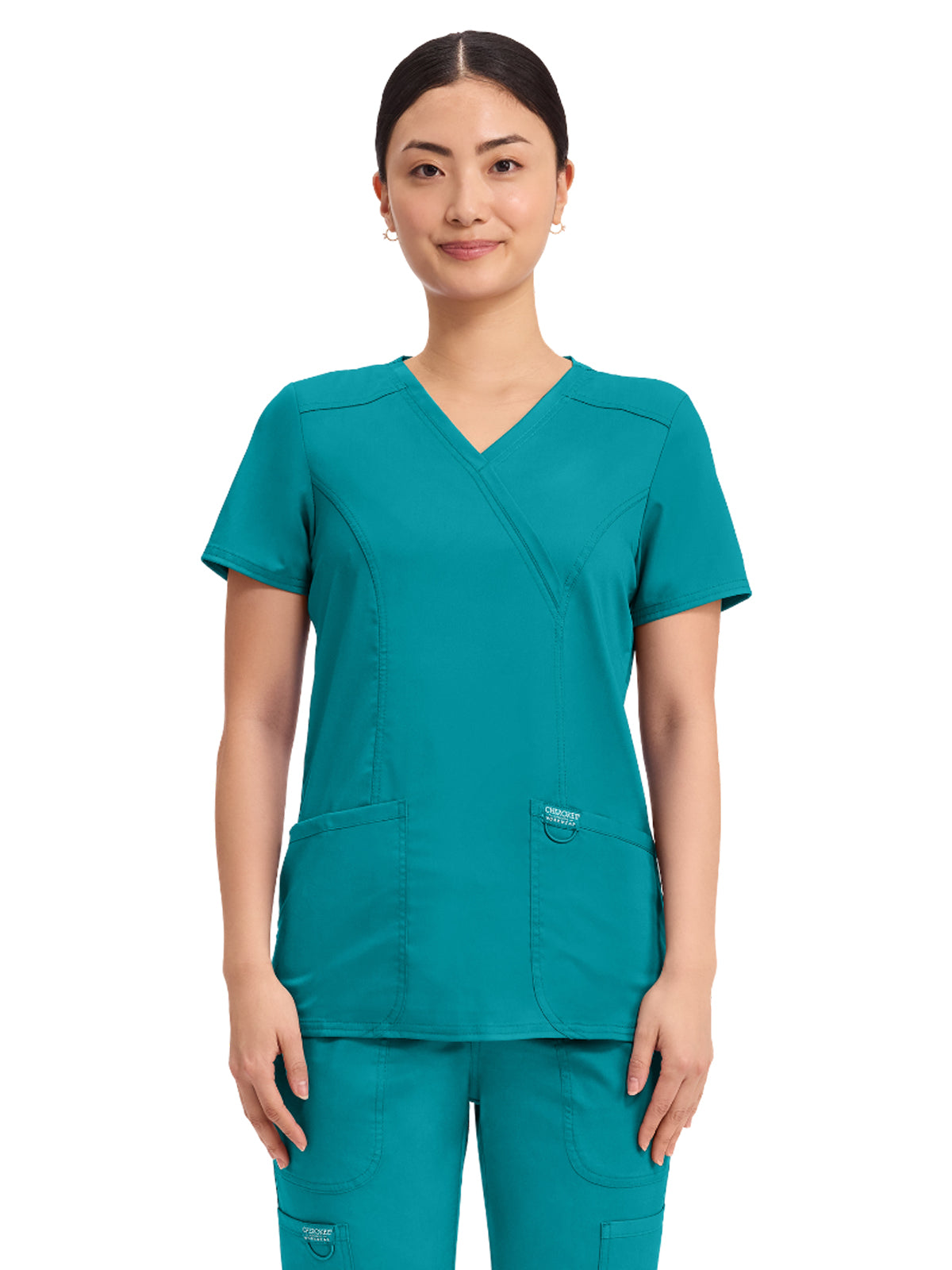 Women's 2-Pocket Mock Wrap Top - WW610 - Teal Blue