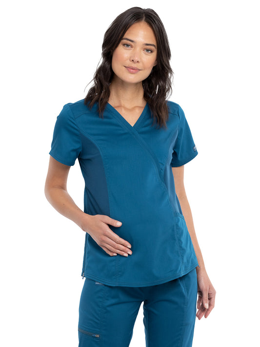 Women's 2-Pocket Maternity Mock Wrap Scrub Top - WW688 - Caribbean Blue