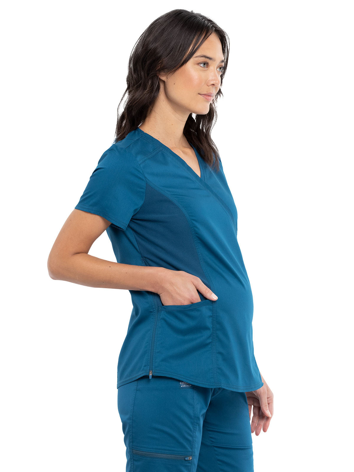 Women's 2-Pocket Maternity Mock Wrap Scrub Top - WW688 - Caribbean Blue