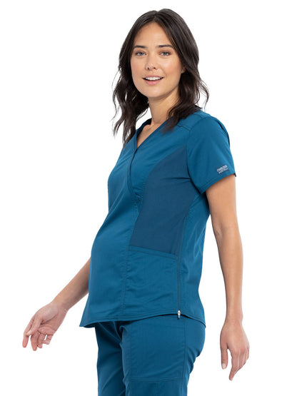 Women's 2-Pocket Maternity Mock Wrap Scrub Top - WW688 - Caribbean Blue