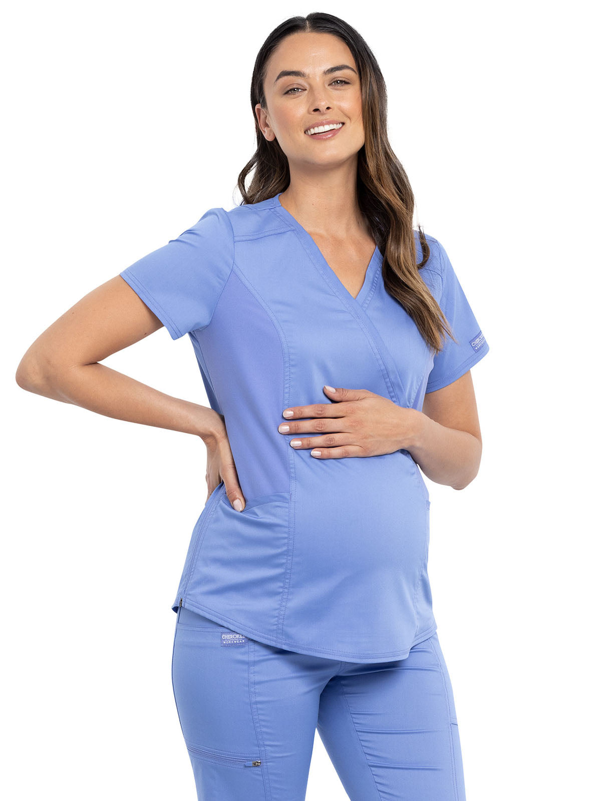 Women's 2-Pocket Maternity Mock Wrap Scrub Top - WW688 - Ciel