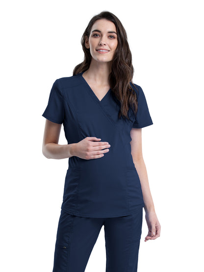 Women's 2-Pocket Maternity Mock Wrap Scrub Top - WW688 - Navy