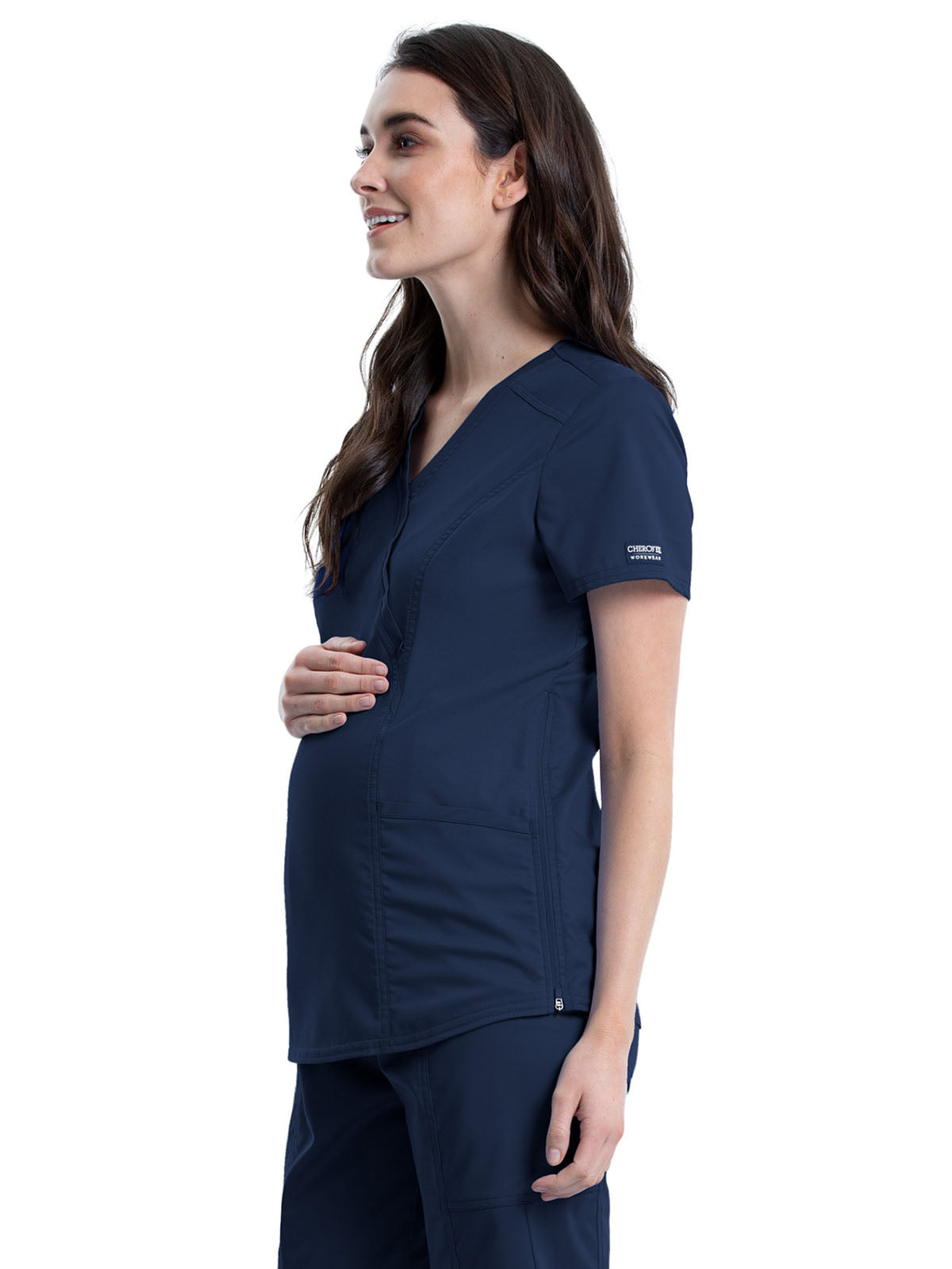 Women's 2-Pocket Maternity Mock Wrap Scrub Top - WW688 - Navy