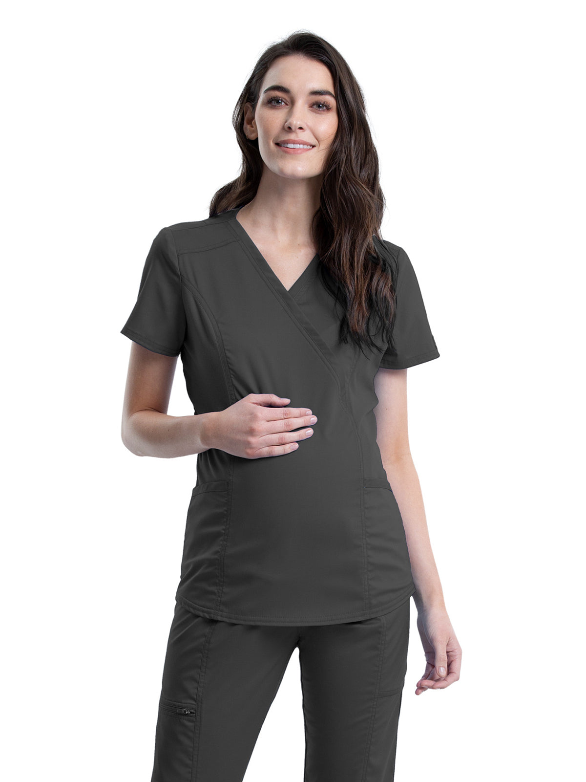 Women's 2-Pocket Maternity Mock Wrap Scrub Top - WW688 - Pewter