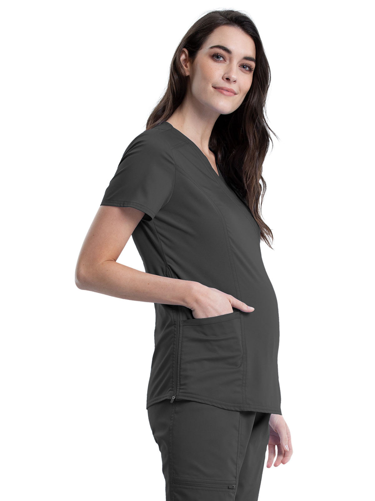 Women's 2-Pocket Maternity Mock Wrap Scrub Top - WW688 - Pewter