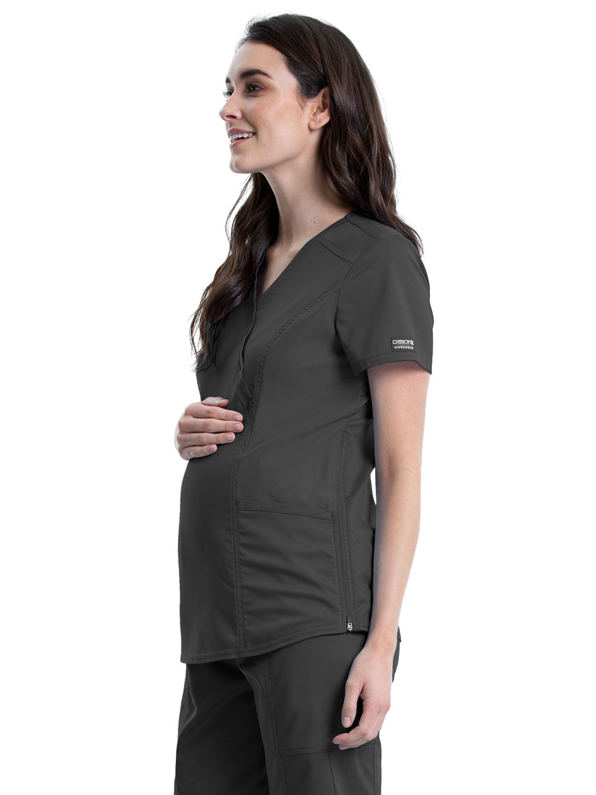 Women's 2-Pocket Maternity Mock Wrap Scrub Top - WW688 - Pewter