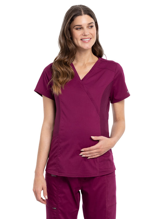 Women's 2-Pocket Maternity Mock Wrap Scrub Top - WW688 - Wine