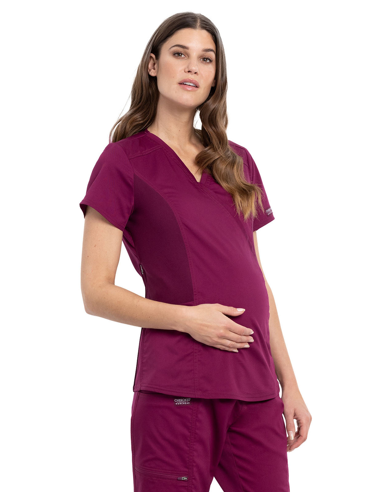 Women's 2-Pocket Maternity Mock Wrap Scrub Top - WW688 - Wine