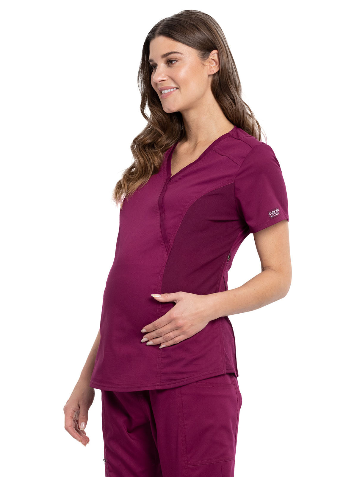 Women's 2-Pocket Maternity Mock Wrap Scrub Top - WW688 - Wine