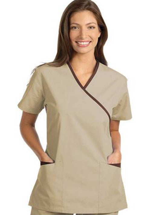 Women's Crossover Tunic Top - 7007 - Tan w/ Chocolate