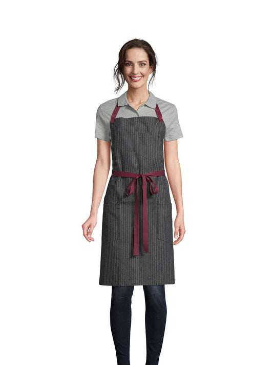 Unisex Apron - 3104 - Pinstripe Denim/Burgundy