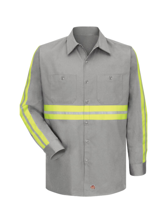 Men's Long Sleeve Wrinkle-Resistant Cotton Work Shirt - SC30 - Grey with Yellow/Green Visibility Trim