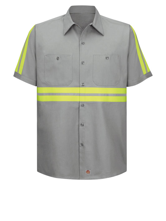 Men's Short Sleeve Wrinkle-Resistant Cotton Work Shirt - SC40 - Grey with Yellow/Green Visibility Trim