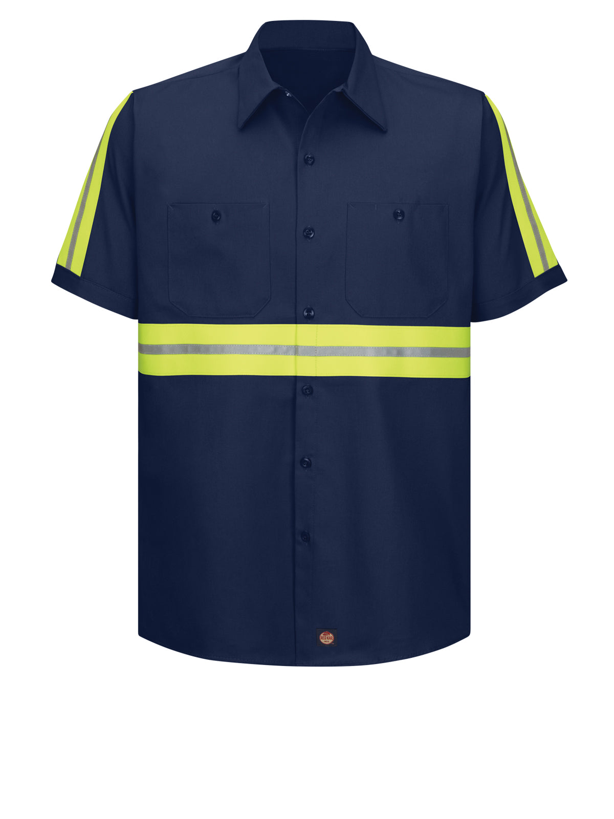 Men's Short Sleeve Wrinkle-Resistant Cotton Work Shirt - SC40 - Navy with Yellow/Green Visibility Trim