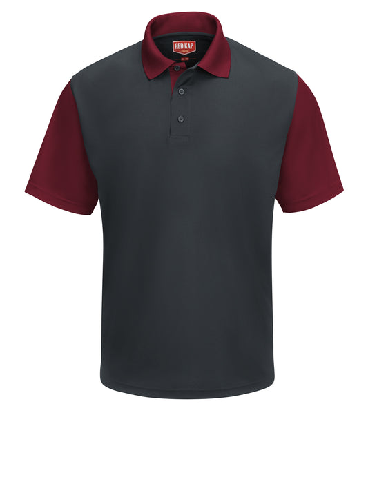 Men's Short Sleeve Performance Knit Color-Block Polo - SK56 - Charcoal/Burgundy