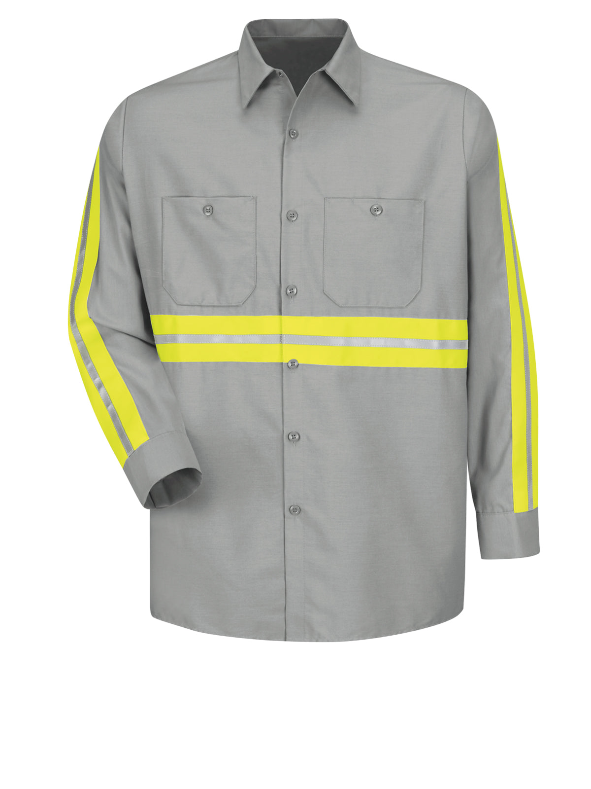 Men's Long Sleeve Industrial Work Shirt - SP14 - Light Grey with Yellow/Green Visibility Trim