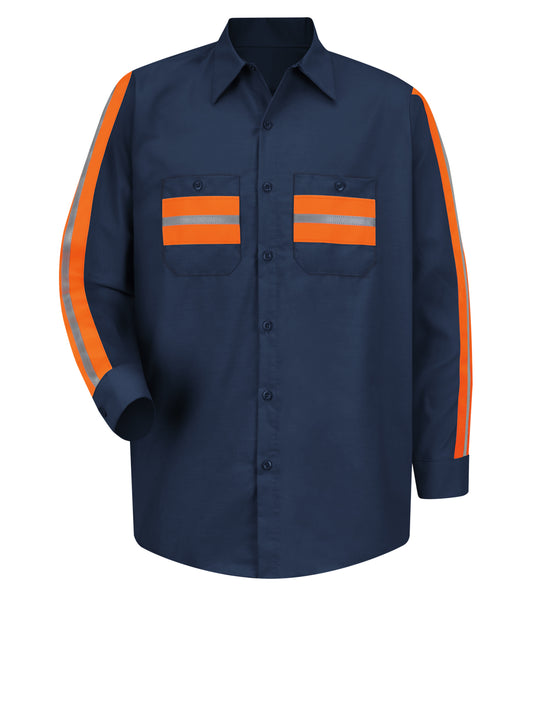 Men's Long Sleeve Industrial Work Shirt - SP14 - Navy with Orange Visibility Trim