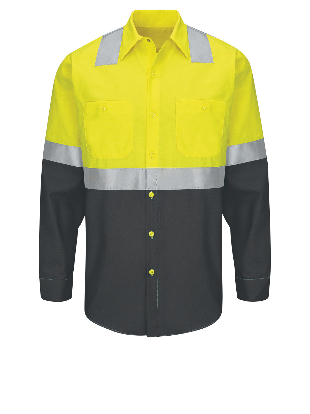 Men's Hi-Visibility Long Sleve Ripstop Work Shirt - SY14 - Hi-Vis Yellow/Charcoal