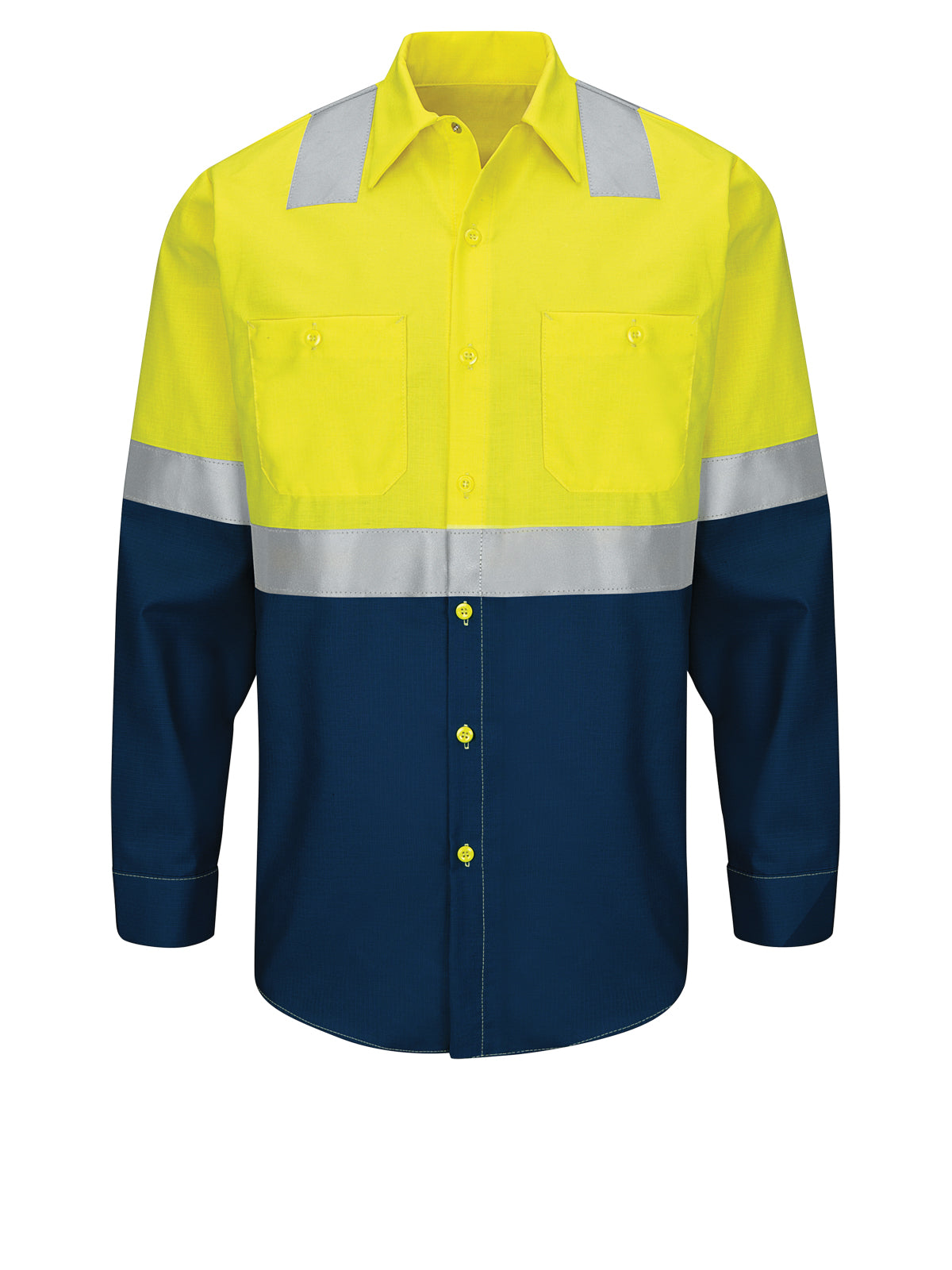 Men's Long Sleeve Hi-Visibility Work Short - SY14YN - Fluorescent Yellow/Green and Navy